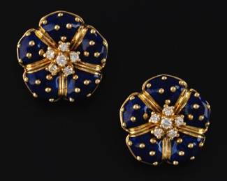 HIDALGO Pair of 18K Gold, Diamond and Guilloche Enamel Floral Earrings 