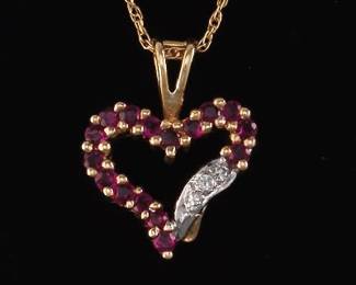 Ladies Gold, Ruby and Diamond Heart Pendant on Chain 