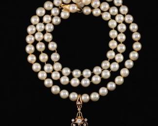 Stand of 7mm Pearls with 14K Gold and Diamond Removable Pendant
