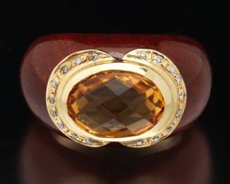 Ladies Gold, Amber Citrine, Diamond and Red Jasper Fashion Ring 