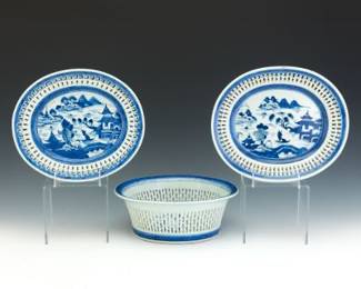 Three Chinese Canton Blue and White Open Lattice Design Dishes 