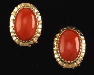 Ladies Pair of Italian 18K Gold and Coral Earrings 