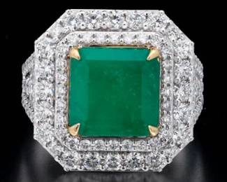 18K Yellow Gold an Platinum GIA Certified Emerald Diamond Ring
