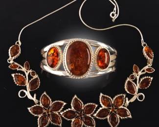 Ladies Sterling Silver and Amber Floral Necklace and Open Work Bangle 