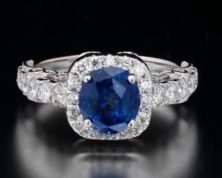 18K White Gold GIA Certified Blue Sapphire and Diamond Ring