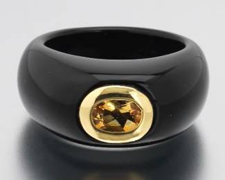 Ladies Gold, Amber Citrine and Black Onyx Fashion Ring 