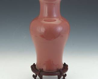 Chinese Monochrome Mulberry Glaze Maping Porcelain Vase, on Wood Stand, Qianlong Seal Mark 