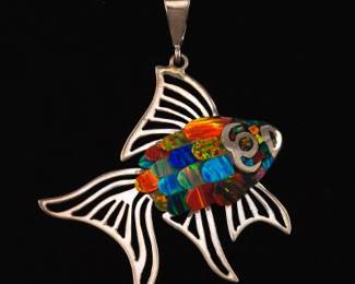 Sterling Silver, Opal and Abalone Goldfish Pendant 