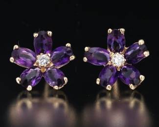 Ladies Pair of Gold, Amethyst and Diamond Floral Earrings 