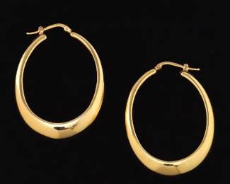 Ladies Pair of 18K Italian Gold Oversized Oval Tapered Hoops 