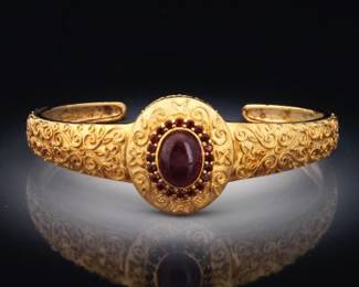 Etruscan Revival Style Gold Vermeil on Sterling Silver, Ruby and Garnet Bangle 