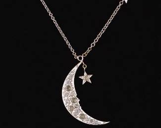 Ladies Gold and Diamond Crescent Moon and Stars Necklace 