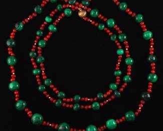 Ladies Art Deco Style Gold Vermeil on Sterling, Malachite and Red Coral Extra Long Sautoir Necklace