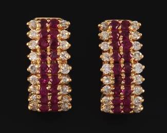 Ladies Pair of Gold, Ruby and Diamond Earrings 