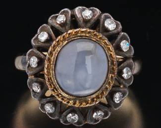 Ladies Antique 18K Gold, Sterling Silver, Star Sapphire and Diamond Ring 