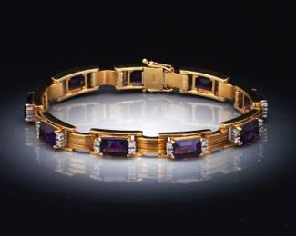 Ladies Vintage 18K Gold, Amethyst and Diamond Bracelet 