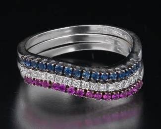 Red, White and Blue Italian 18K Gold, Ruby, Diamond and Blue Sapphire Three Stackable Rings