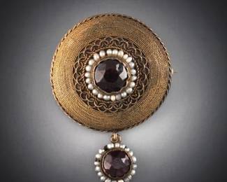 Antique Gold Filled, Garnet and Seed Pearl Pin Brooch 