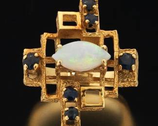 Ladies Gold, Opal and Blue Sapphire Abstract Design Ring 