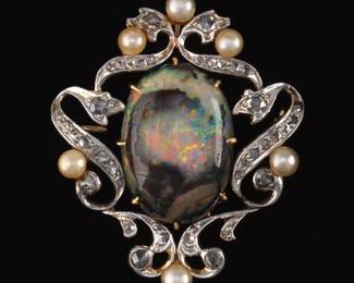 Edwardian 14K Gold Platinum Front Diamond, Opal and Pearl Brooch
