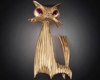 Gold, Ruby and Diamond Cat Pin Brooch 