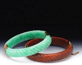 Ladies Two Vermeil Gold on Sterling Silver and Carved Jadeite Jade Double Happiness Bangles 