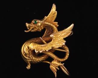 Victorian Gold and Emerald Dragon Pin Brooch 