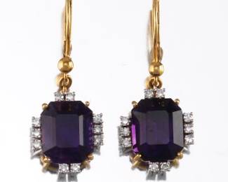 Ladies Pair of TwoTone Gold, Amethyst and Diamond Earrings 