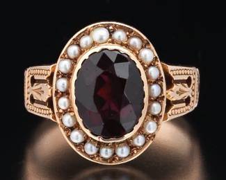 Victorian Gold, Red Tourmaline and Seed Pearl Ring 