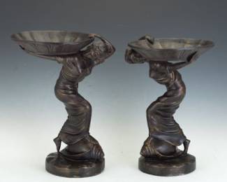 Pair of Art Deco Style Patinated Bronzed Metal Figural Tazzas 
