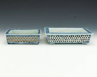 Two Japanese Gradual Size Porcelain Double Walls Bonsai Planters 