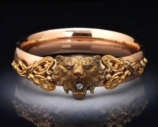 Gilded Age Gold and Gold Filled Bangle with Lion Head and Scrolls Applique 