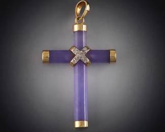 Ladies Gold, Lavender Jade and Diamond Cross Pendant 