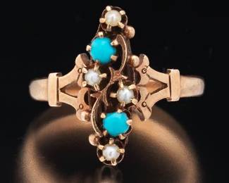Victorian Gold, Turquoise and Seed Pearl Ring 