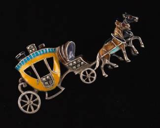 Ladies Germany Vintage Sterling Silver, Marcasite and Enamels Carriage Pin Brooch 