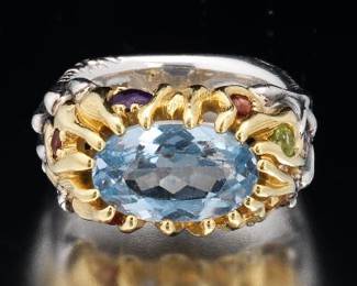 Artisan 18K Gold and Sterling Silver, Aquamarine and Gem Stones Organic Design Ring 