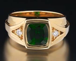 Gentlemens Gold, Green Tourmaline and Diamond Ring 