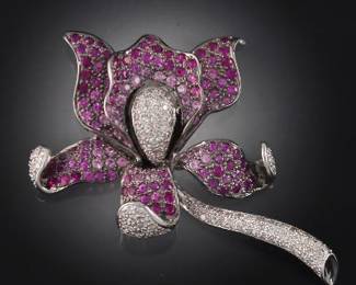 Exquisite Gold, Diamond and Pink Topaz Orchid Pin Brooch 