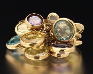 Ladies Italian Gold and Gem Stones Articulated Fringe Cluster Ring 