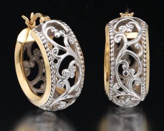 Ladies Pair of TwoTone Gold Floral Design Hoops 