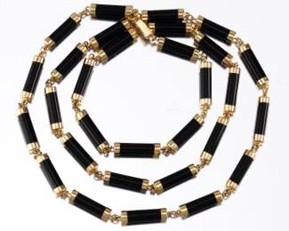 Ladies Gold and Black Onyx Stations Double Happiness Necklace 