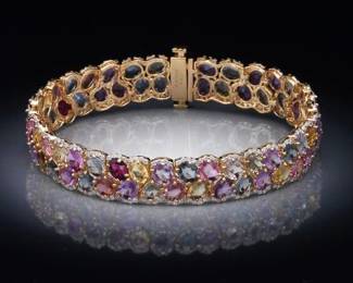 14K Yellow Gold Multi Color GIA Certified Sapphire and Diamond Bracelet