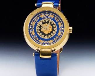 Versace Mystique Foulard Swiss Made Watch, Stainless Steel, Gold Plated and Enamels, with Blue Patent Calf Leather Strap