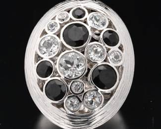 Ladies Sterling Silver, Black Onyx and Clear Stones Oversized Ring 
