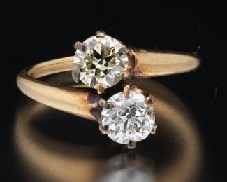 Victorian Toi et Moi Gold, Whiter and Fancy Light Yellow Diamond Bypass Ring 