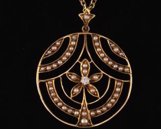 Ladies Antique Gold, Diamond and Seed Pearl Pendant on Chain 