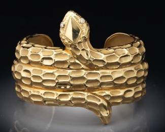 Ladies Solid Gold and Diamond Cast Snake Bangle 