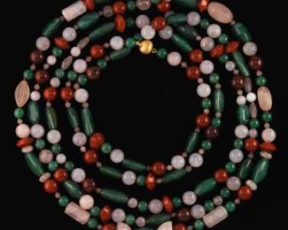 Ladies Art Deco Style Gold Vermeil on Sterling, Rose Quartz, Red Jasper and Aventurine Extra Long Sautoir Necklace