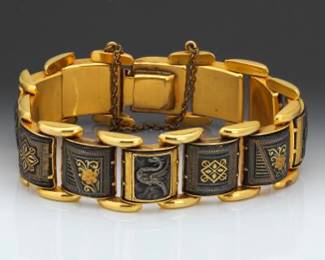 Antonio Garcia Escobar Vintage 18K and 24K Gold Inlaid Damascene Stations Bracelet 