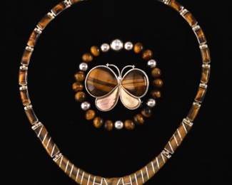 Ladies Sterling Silver, Tiger Eye and Mother of Pearl Demi Parure 